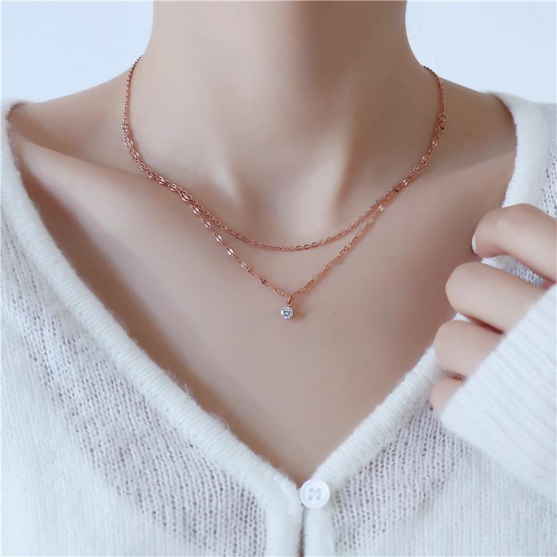 Women's Korean-Style Titanium Steel Double-Layer Diamond Necklace - Fashionable Clavicle Chain