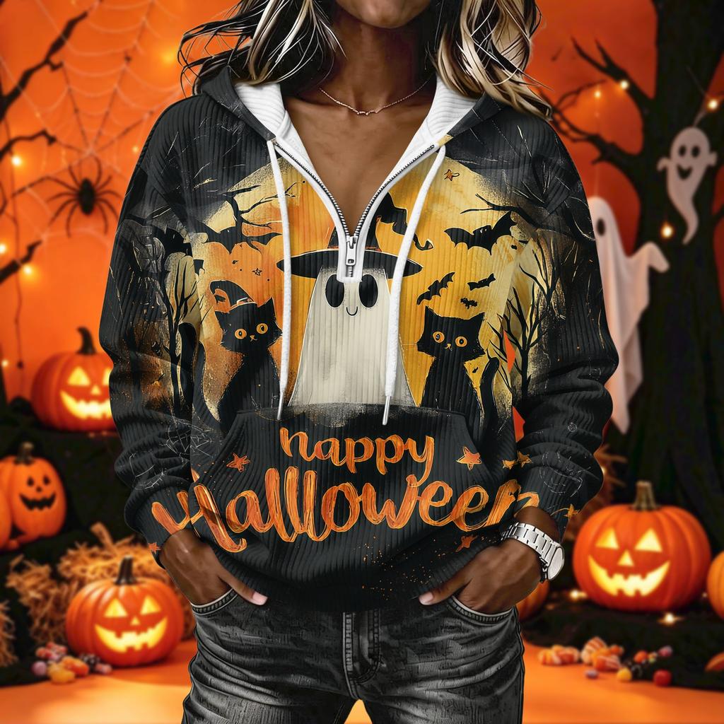 Women's Long Sleeve Halloween Print Hoodie Pullover with Casual Top