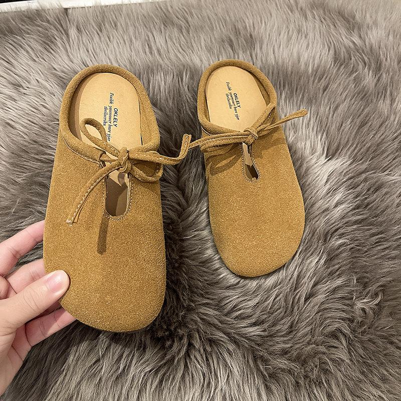 

Japanese small fresh Mori suede slippers women s 2025 autumn new outer wear lace-up lazy Muller flat-bottomed bag head tow 40