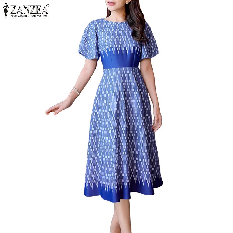 ZANZEA Women Casual Round Neck Loose Short Sleeve Print Dress Summer