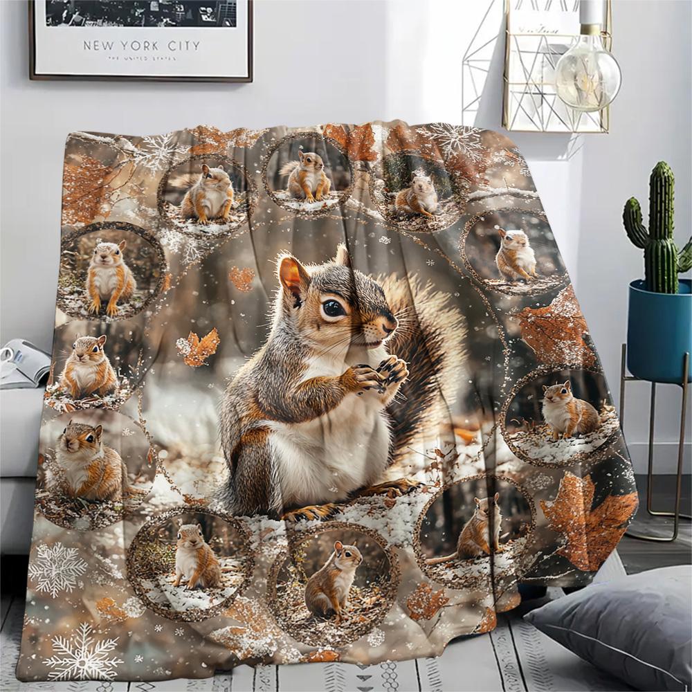 Squirrel Print Flannel Blanket, High quality Comfortable for All Seasons, Home Decor, Warmth and Comfort, Perfect for Christmas Gifts