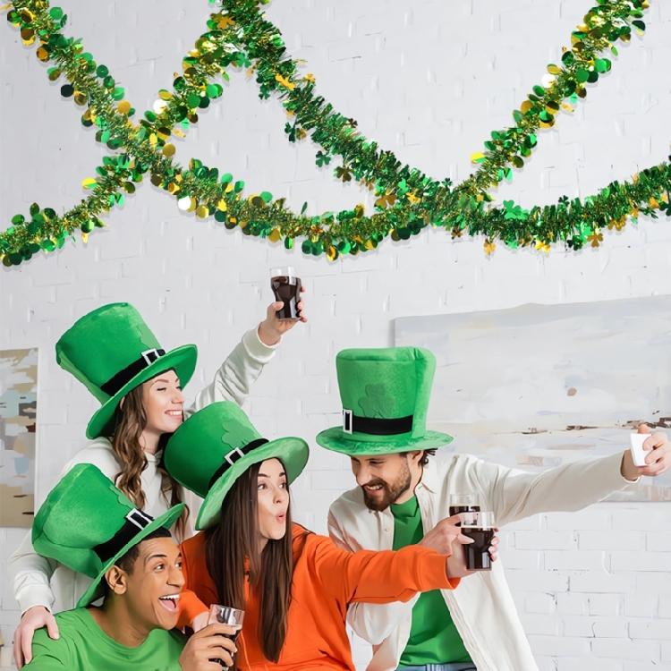 4Pcs Metallic Tinsel Twist Ornament 6.5ft Each Green Gold Fringes Artifical Vine for Irish Festival Holiday Decoration