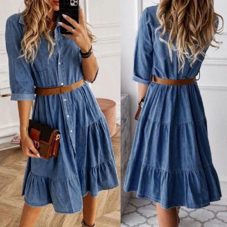 2023 European & American Trendy Women's Imitation Denim Mid-Length Dress