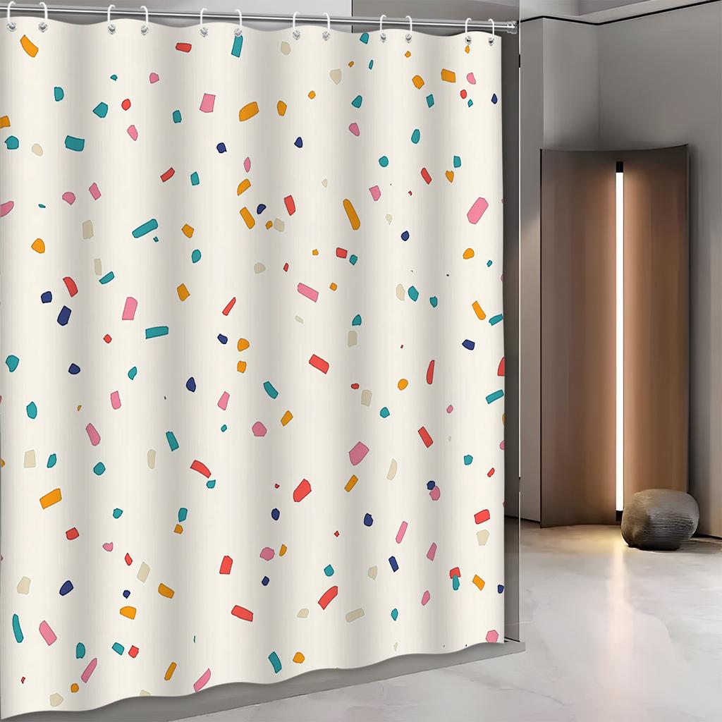 Colorful Confetti Shower Curtain - Playful Minimalist Design, Pink, Orange, Blue, Yellow, Brown & White, Polyester