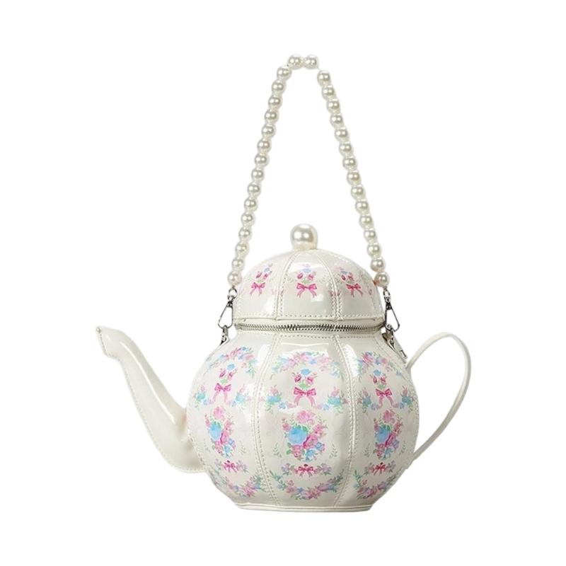 

Сумка-кошелек в форме чайника, из искусственной кожи, на плечо, кроссбоди, для лолит, с жемчугом, с верхней ручкой, с застежкой-молнией белый