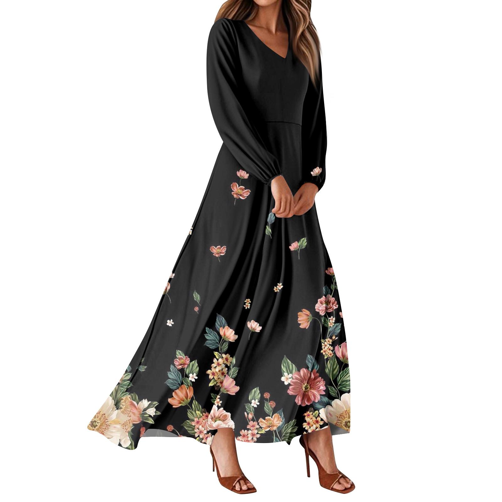 

Женские летние платья Повседневные платья макси с длинным рукавом Милые платья макси с цветочным принтом Платья для гостей на свадьбу Легкие платья XXL чёрный