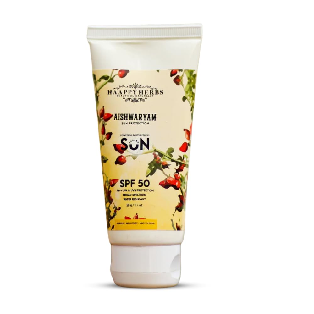 Haappy Herbs Aishwaryam SPF 50 Sunscreen | Weightless, Moisturizing, Matte Finish | PA++ Broad Spectrum UVA & UVB Protection | Water Resistant | 50g