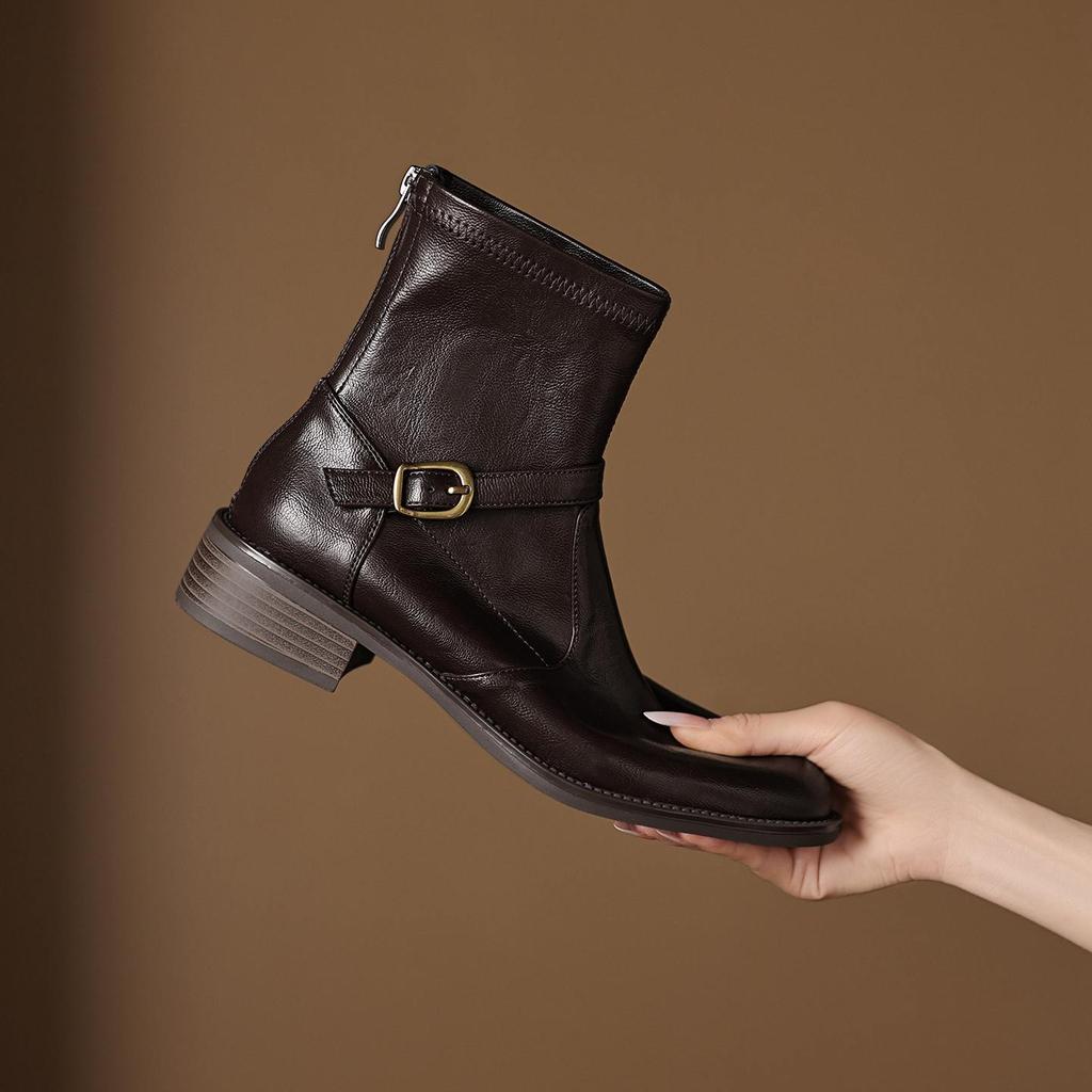 Krazing Pot Microfiber Winter Round Toe Western Boots Med Heels Zipper Women Metal Buckle British School Ankle Boots