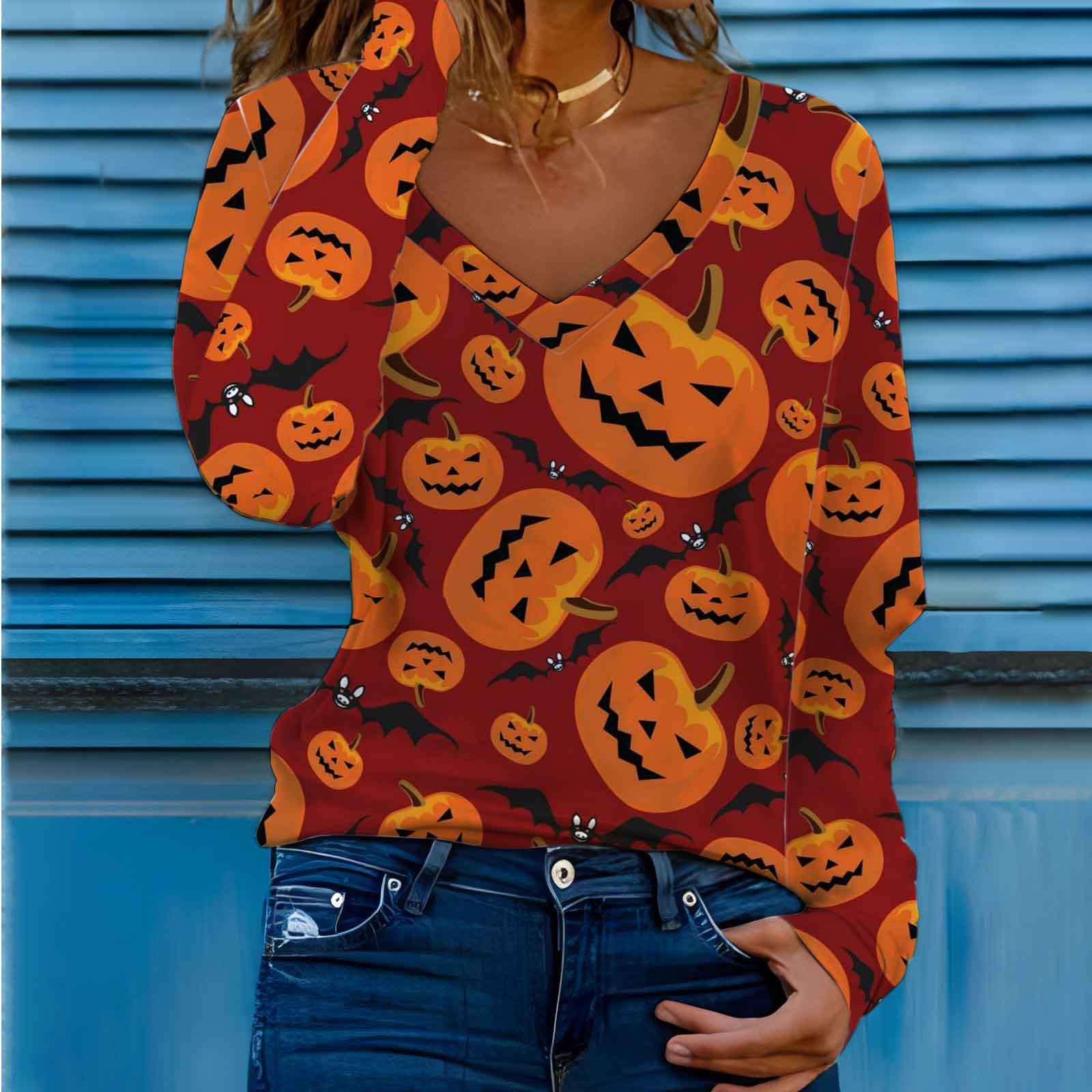 

Футболка женская Хэллоуин принтованный топ с длинным рукавом тыква смешные цифровые 3D футболки с длинным рукавом L