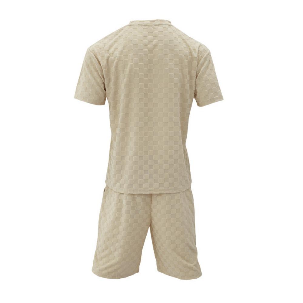 Men's Sports Suit Summer New Korean High Street Jacquard Plaid T-shirt Shorts Two-piece Set Male Casual Retro Loose O-neck Top