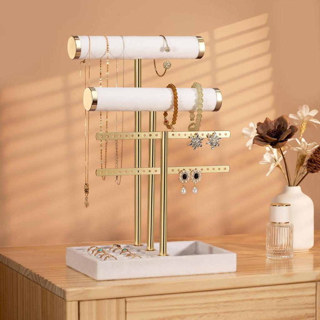 Space Saving T Shaped Jewelry Display Stand with Detachable Layers Metal and Wood Construction for Earrings Rings
