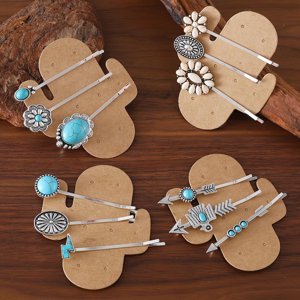3PCS Bohemian Vacation Style Turquoise Inlaid Women's One Word Clip Seaside Vacation Daily Dressing Side Clip Hair Accessories