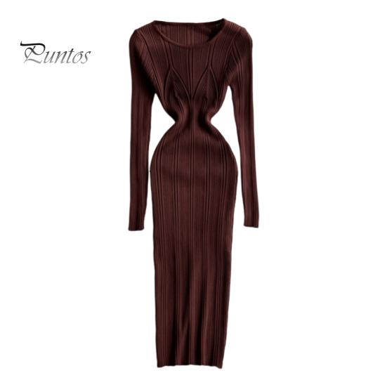 

Женское платье-свитер, облегающее, с высокой эластичностью, с круглым вырезом, длинными рукавами, облегающее платье-миди, трикотажное однотонное платье с узкой талией для свиданий темно-коричневого
