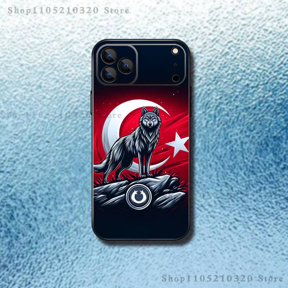 Cool Turk Wolf Flag Phone Case For iPhone 17,16,15,14,13,12,11,Pro Max,XSX,,XR,SE,Mini,8,7,Soft Silicone Black Cover