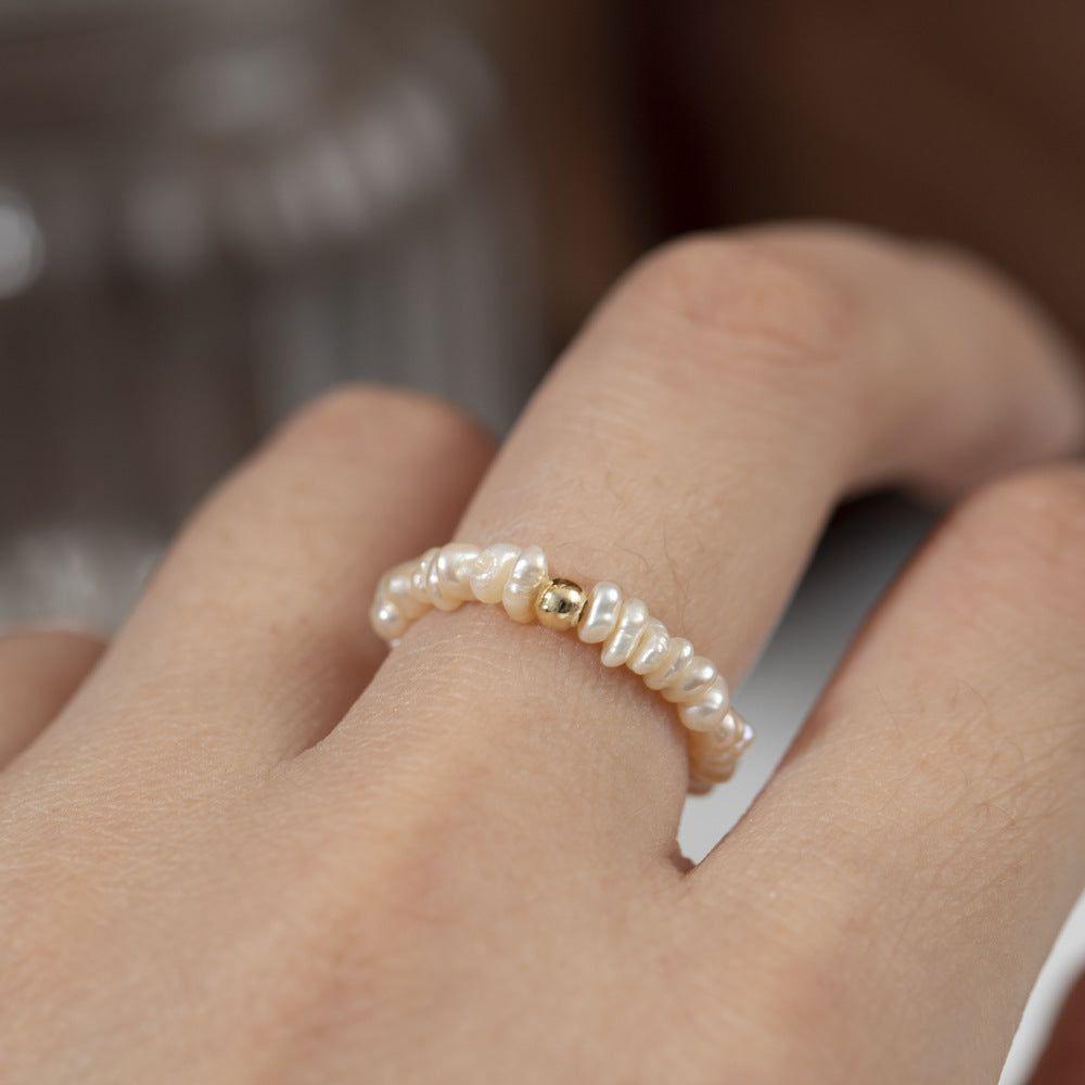 

Vlen Natural Pearl Ring for Women Dainty Flat Mini Pearl Boho Elegant Jewelry Gift Elastic Adjustable Finger Ring resizable