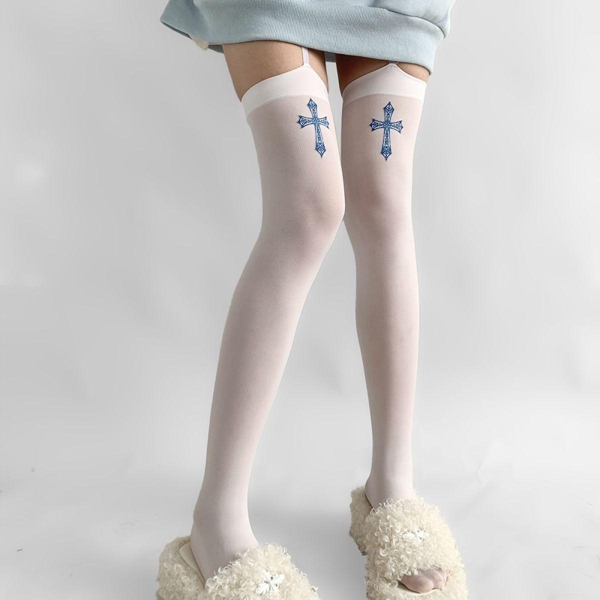 Süße Cartoon-Print JK-Socken für Damen Kawaii Emoji-Muster Oberschenkelhohe Strümpfe Über dem Knie Hohe Lange Socken Süßer Lolita-Stil One Size gray