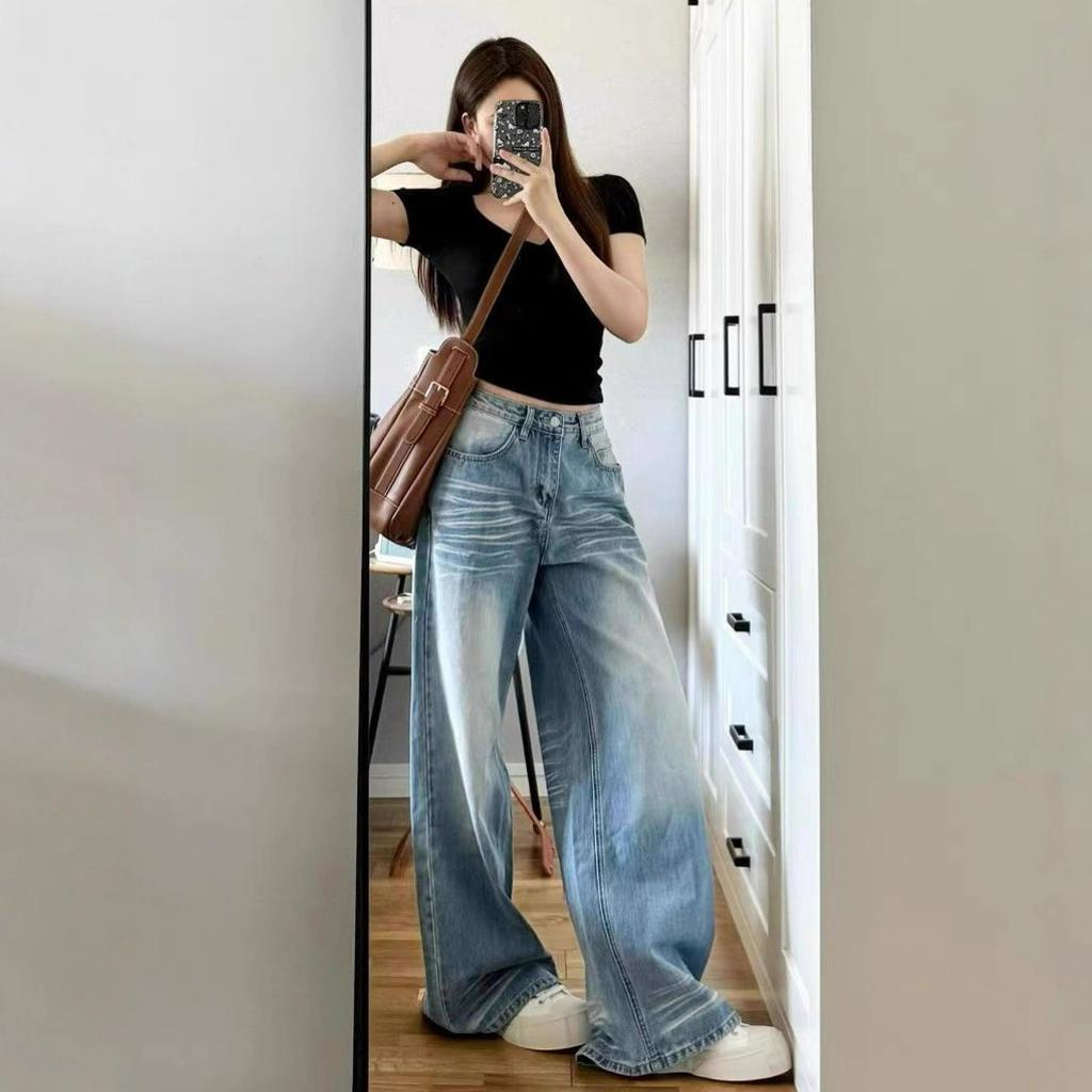 Blue Plus Size Straight Jeans Female Autumn Loose High-waisted Small Person Wide Leg Trailing Long Trousers Jeans for Women Long Denim Pants