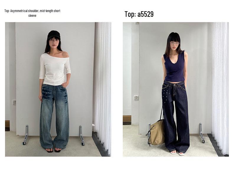 Yuyi 2026 Spring Women's Rivet Tie-Dye Wide-Leg Jeans