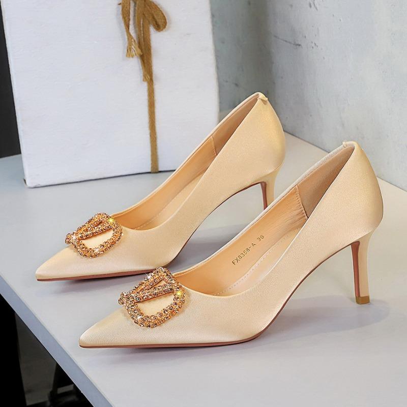 Fashion High Heels Women Silk Shoes Pointed Toe Elegant Ladies Party Shoes Brand Black Purple Thin Heel 8cm