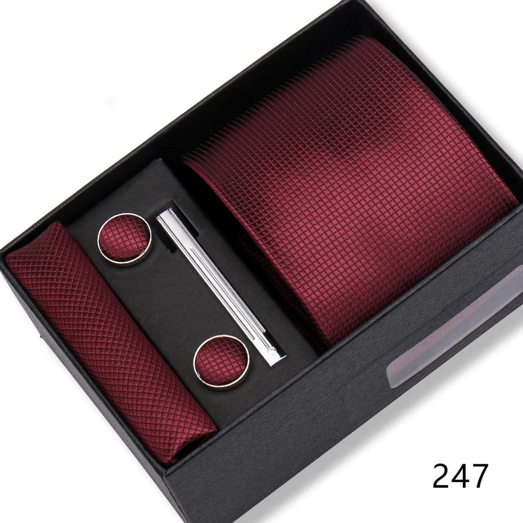 Men's Black & Wine Red Striped Plaid Tie Set with Pocket Square - Formal Wedding Gift Box