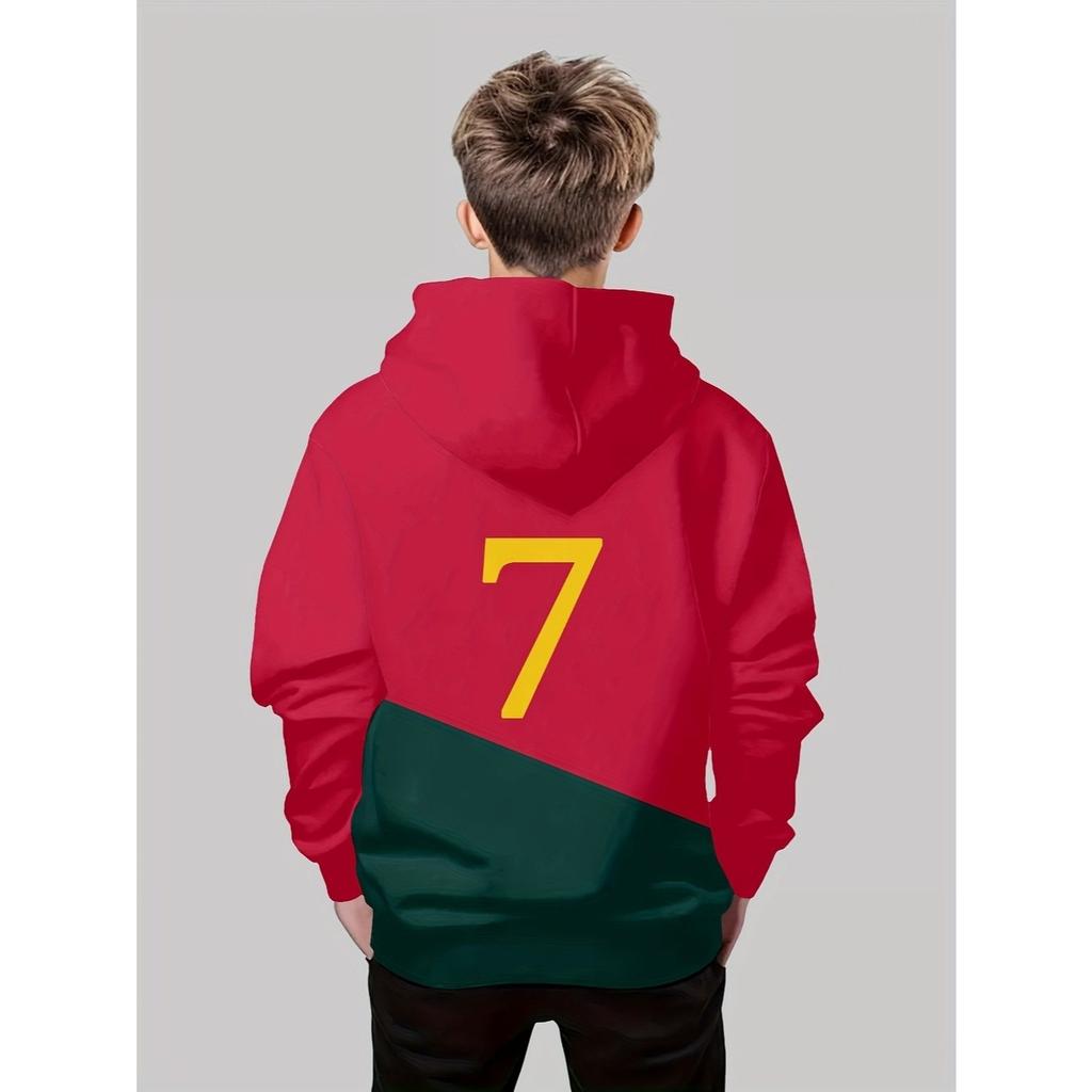 Boys' 3D Printed Casual Hoodie - Long Sleeve Hoodie, "Size 7" Design, Red Green Blocks