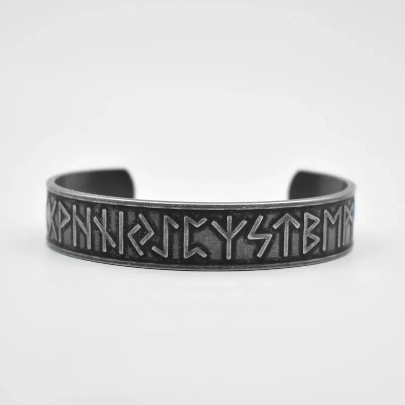 Viking Totem Letters Cuff Bracelet Norse Mythology Antique Black Stainless Steel Bangle Jewelry for Men