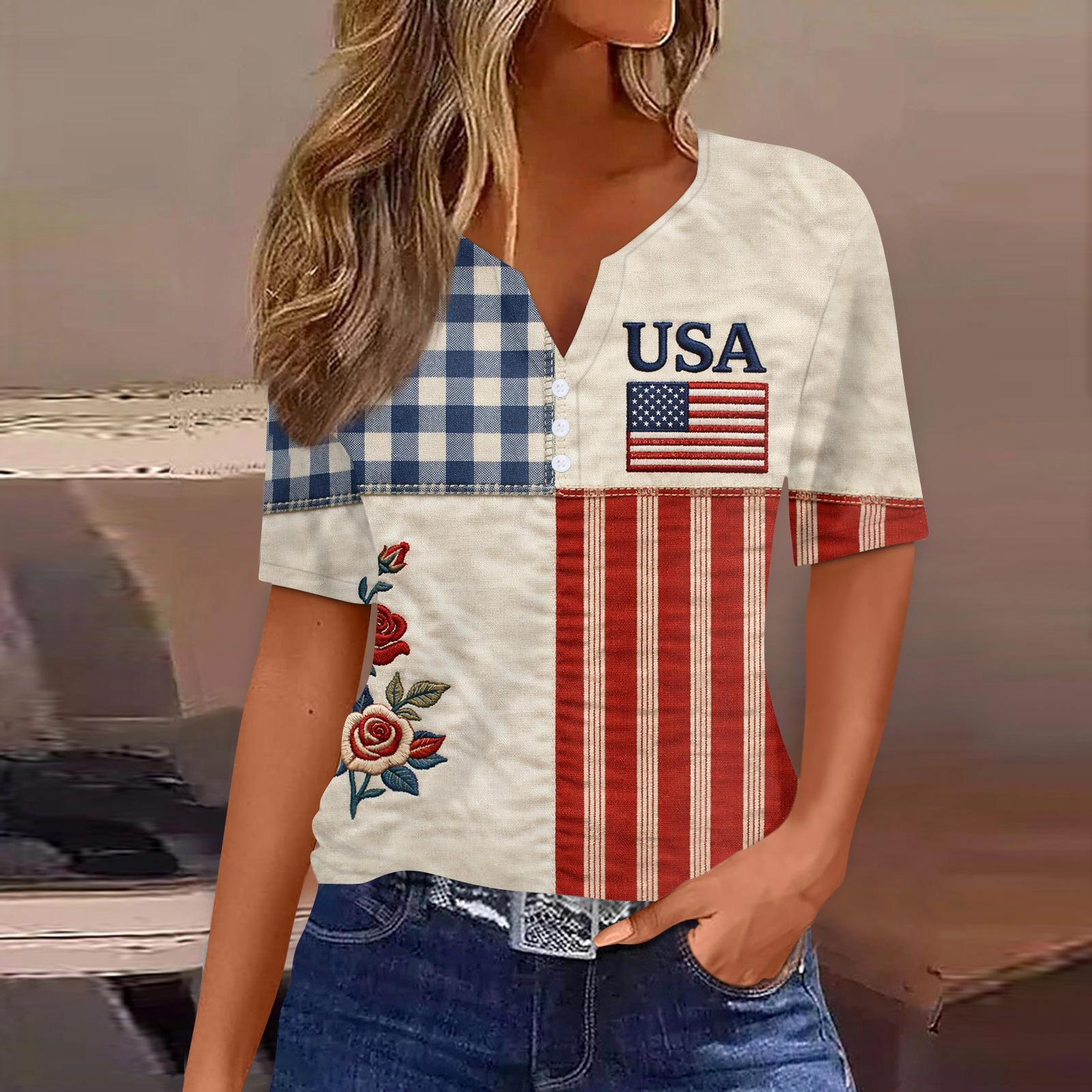 

Женская модная повседневная футболка с принтом ко Дню независимости, V-образным вырезом, коротким рукавом, на пуговицах L бежевый
