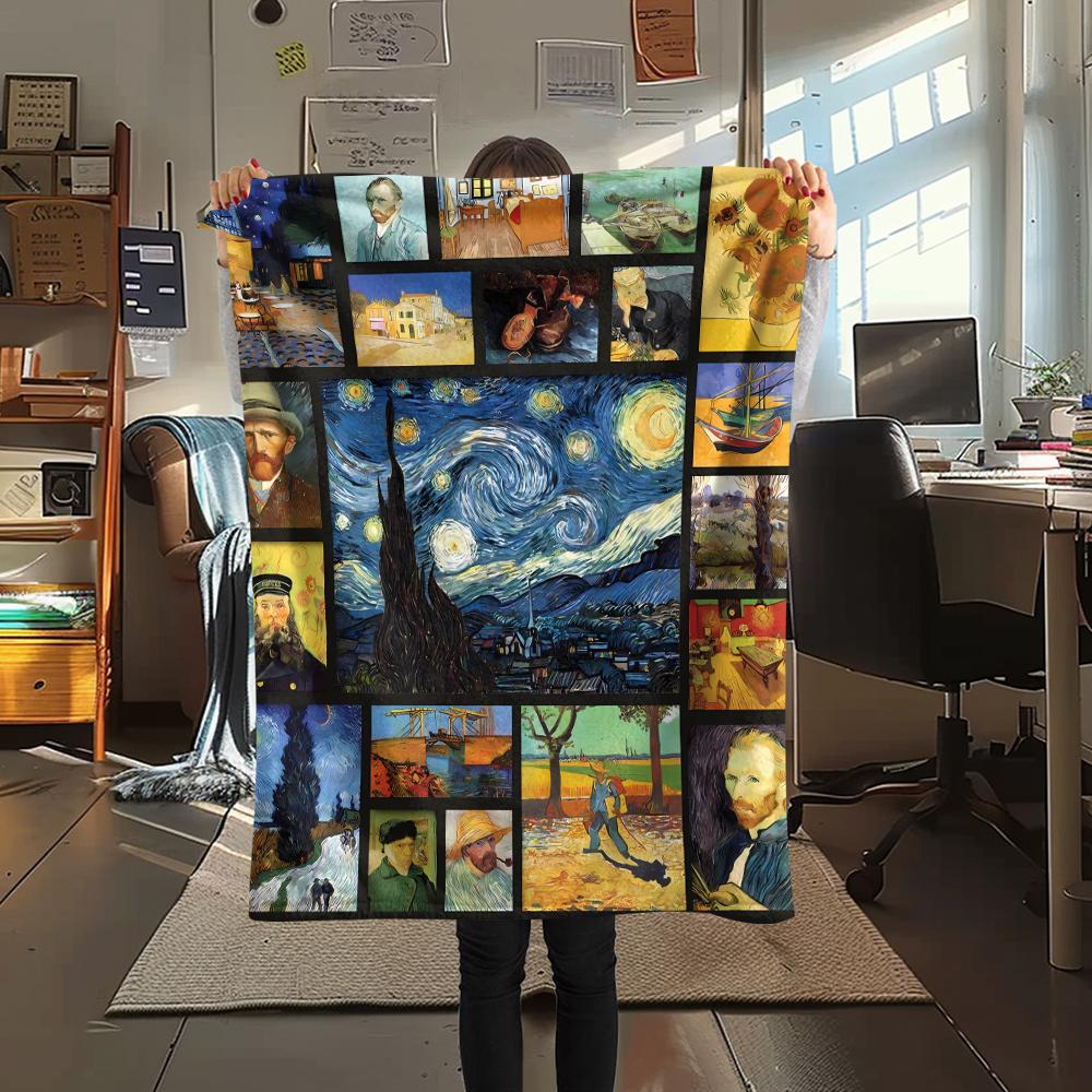 1Pc Van Gogh Painting Print Flannel Blanket, High Quality Comfortable for All Seasons, Home Decor, Warmth and Comfort, Perfect for Christmas Gifts