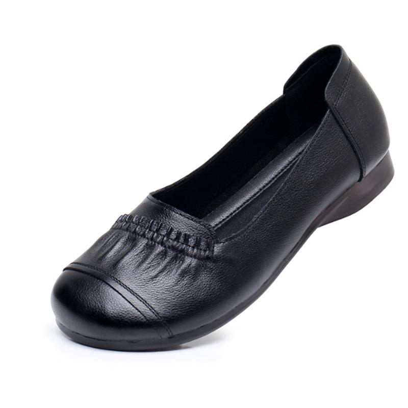 Size35-43 Spring Autumn Genuine Leather Soft Bottom Women Shoes Mom Women Slip-On Shallow Mouth Bow Casual Flat Black Work Shoes