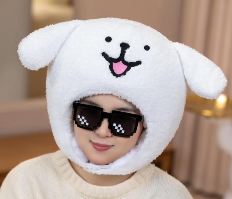 DOKiDOKi Dog Hat Cosplay Smiling Dog Transformation Mask Halloween Headgear Plush Kigurumi Headwear Fluffy Cute Halloween [White] [Used]