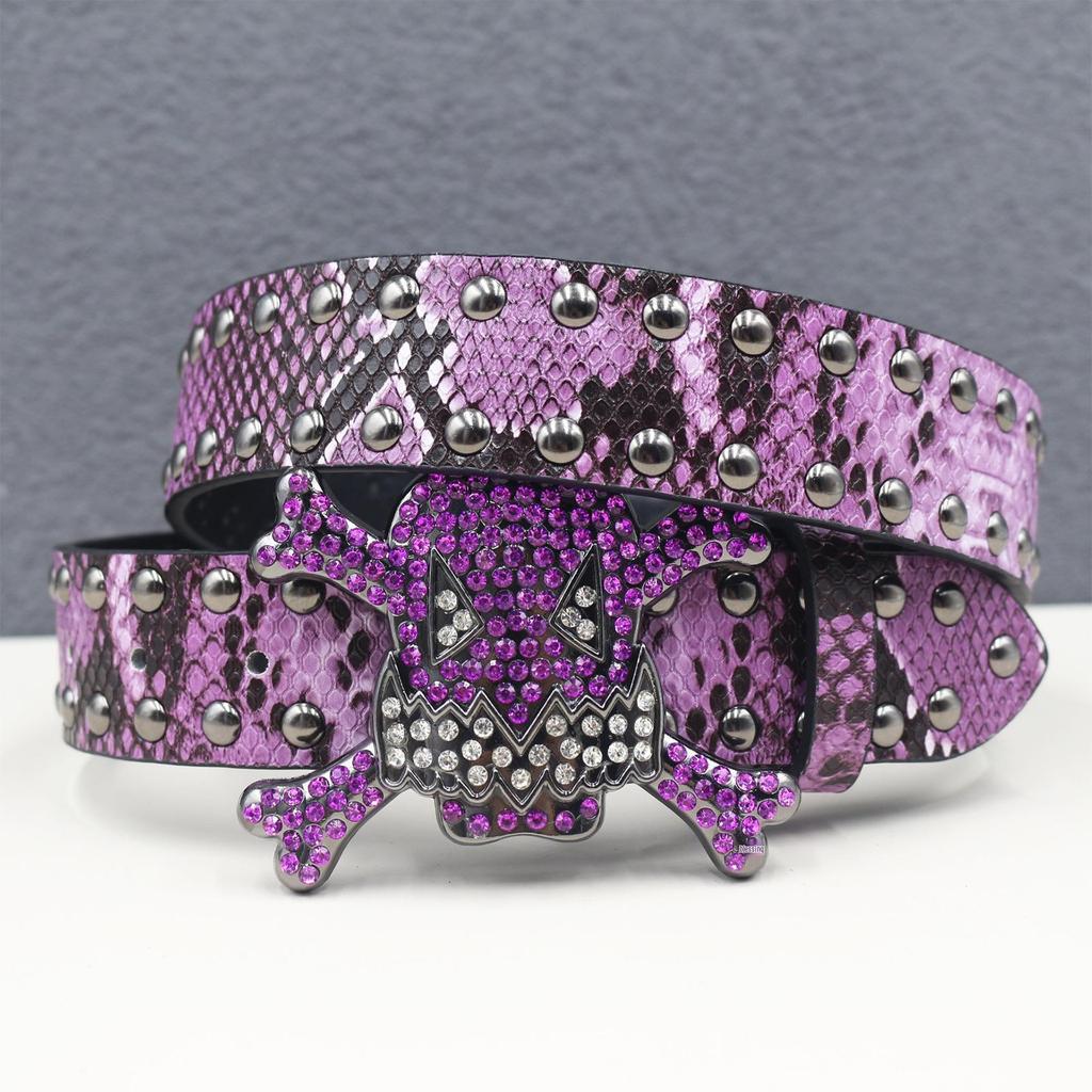 Unisex Y2K Rhinestone Skull Punk Belt with Rivet and Python Skin Design