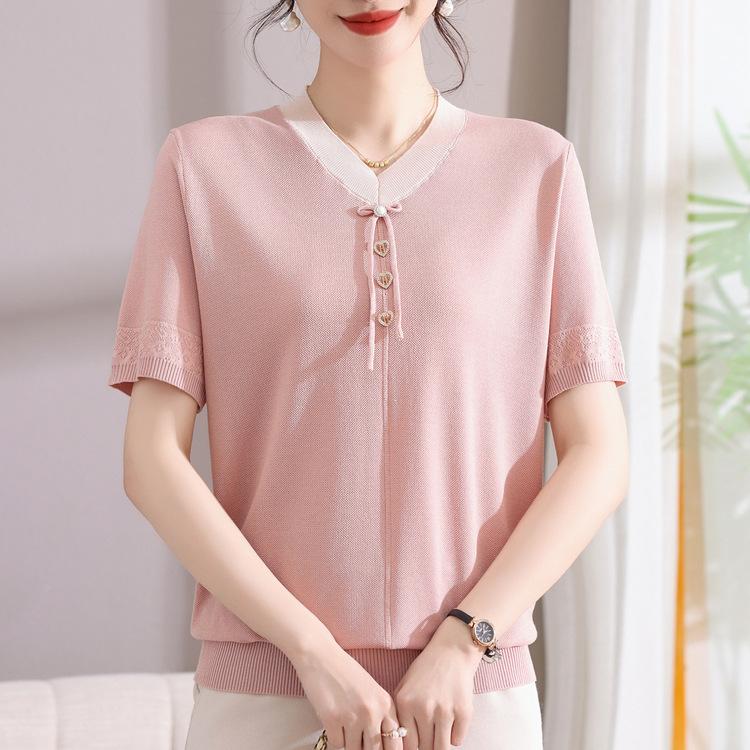 New Summer Mother Dress Short-sleeved Middle-aged Women's Knitted Top Loose Ice Silk Shirt Fashionable Mother-in-law Base Shirt