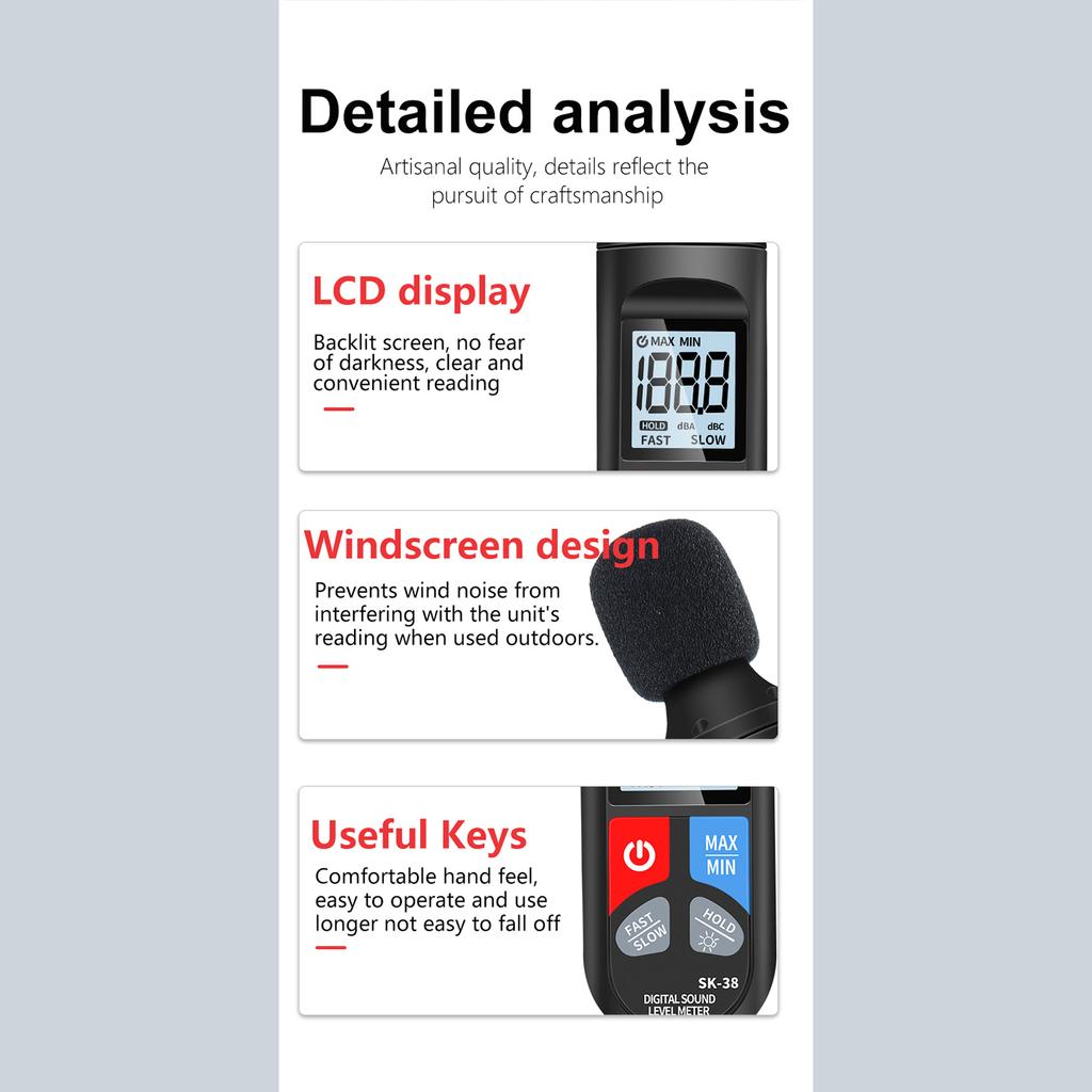 WDigital Sound Level Meter Noise Meter with Backlit Display Noise Decibel Reader 30DB 130DB Range Data Hold Function