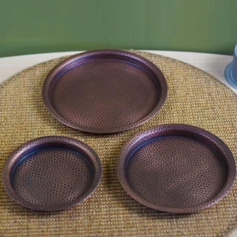 Round Shape Copper Fruit Tray,Retro Engraving Hammer Texture Household Portable Food Plate,Snack Plate Table Wedding Decoration