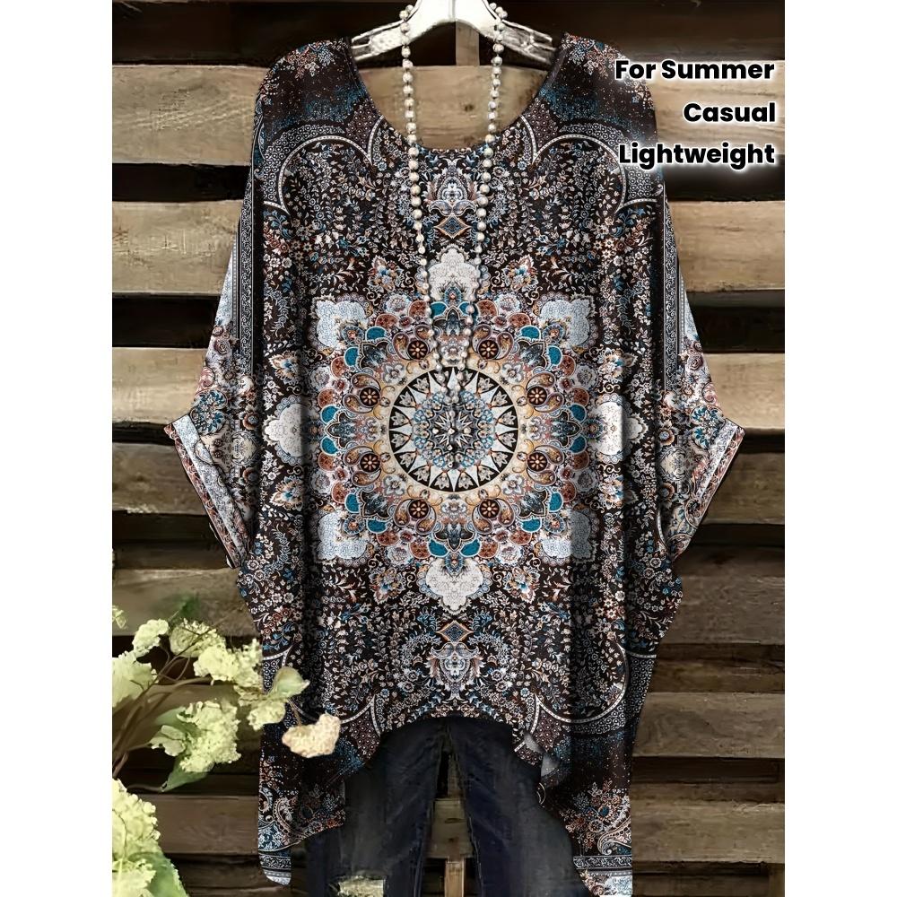 Retro Damen T-Shirt Trendig Ethnisch Boho Bedruckt Sommer O-Ausschnitt Unregelmäßiger Saum Kurzarm Bluse T-Shirt Locker Lässig Pullover