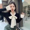 French temperament lace bow with sweater inside women's winter black short slim fit