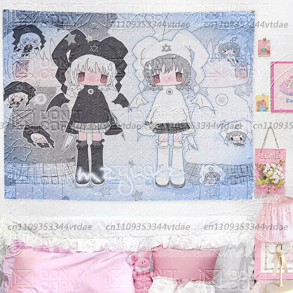 Goth Kawaii Twin Girls Tapestry Dark Anime Cartoon Wall Hanging Girl Aesthetic Decor Ins Style Dorm Bedroom Background Cloth