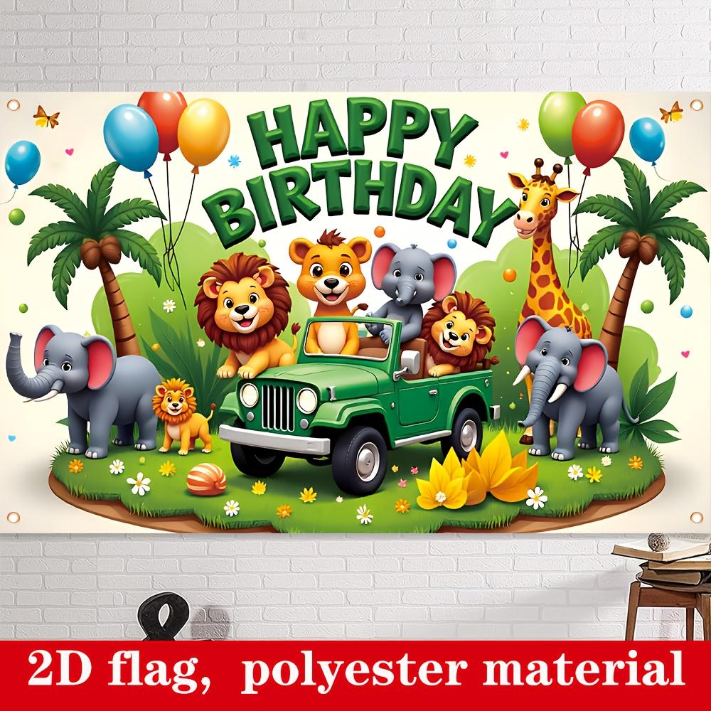 2D Flat 1pc Jungle Happy Birthday Banner - 179.83cm x 109.98cm Durable Polyester Lion Elephant Giraffe Pattern Indoor Outdoor Party Decor