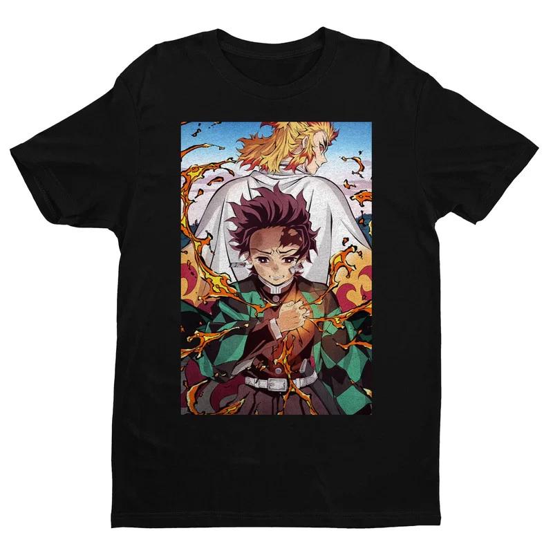 Anime Demon Slayer Tanjiro Rengoku Demon Train Black Tshirt S