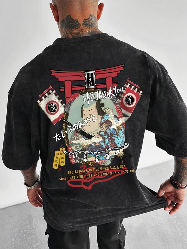 Washed Retro Tokyo Samurai Japanese Print 100 Cotton Men Woment Tshirt Summer Autumn Daily Outdoor Sports Casual Short Sleeve