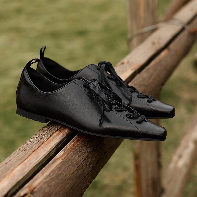 Fashion 2025 Hot Sale Fashion Low Heel Lace Up Genuine Leather Pumps Women Daily Walk Flats Young Girls Casual Spring Autumn Black Shoes