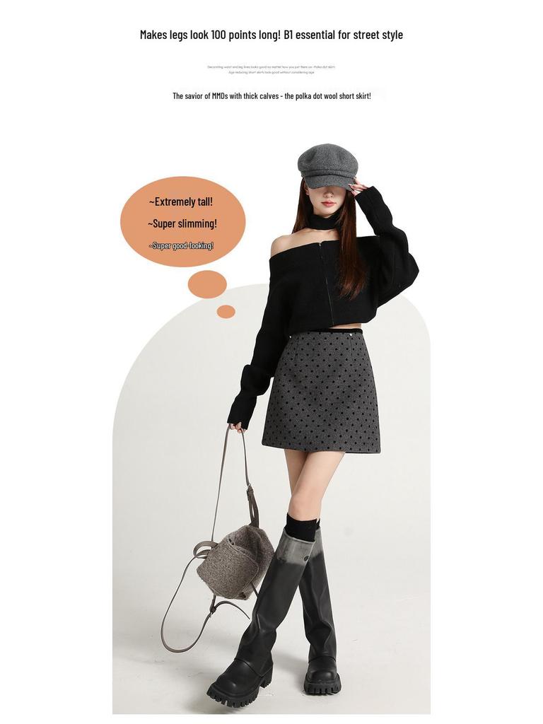 2026 Autumn/Winter Women's High-Waisted Retro Polka Dot Woolen Mini Skirt - Trendy & Slimming Design