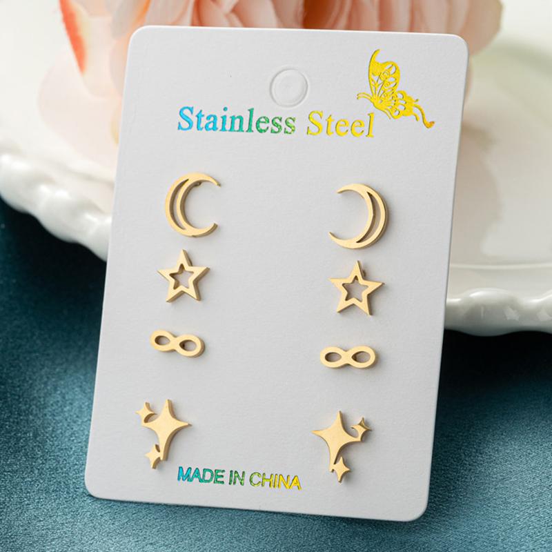 4Pairs/Lot Fashion Stainless Steel Star Moon Stud Earrings Sets for Women Small Flower Porker Dog Earings Jewelry Gift