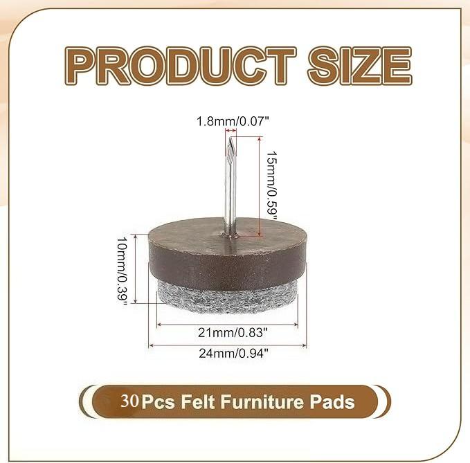 Nail-on Felt Pads, 30 Pcs Round Felt Furniture Sliders Pads Heavy Duty Floor Protectors for Wooden Chair Sofa Table Leg Feet