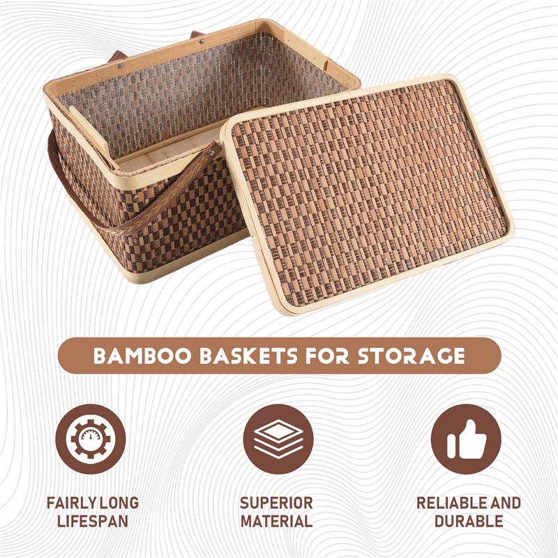 M-Nowoczesny-1 SZT Nowy Koszyk Bambusowy Bambusowy Koszyk Piknikowy Ciemnobrązowy Z Pokrywką Ręczny Koszyk na Przekąski Chleb