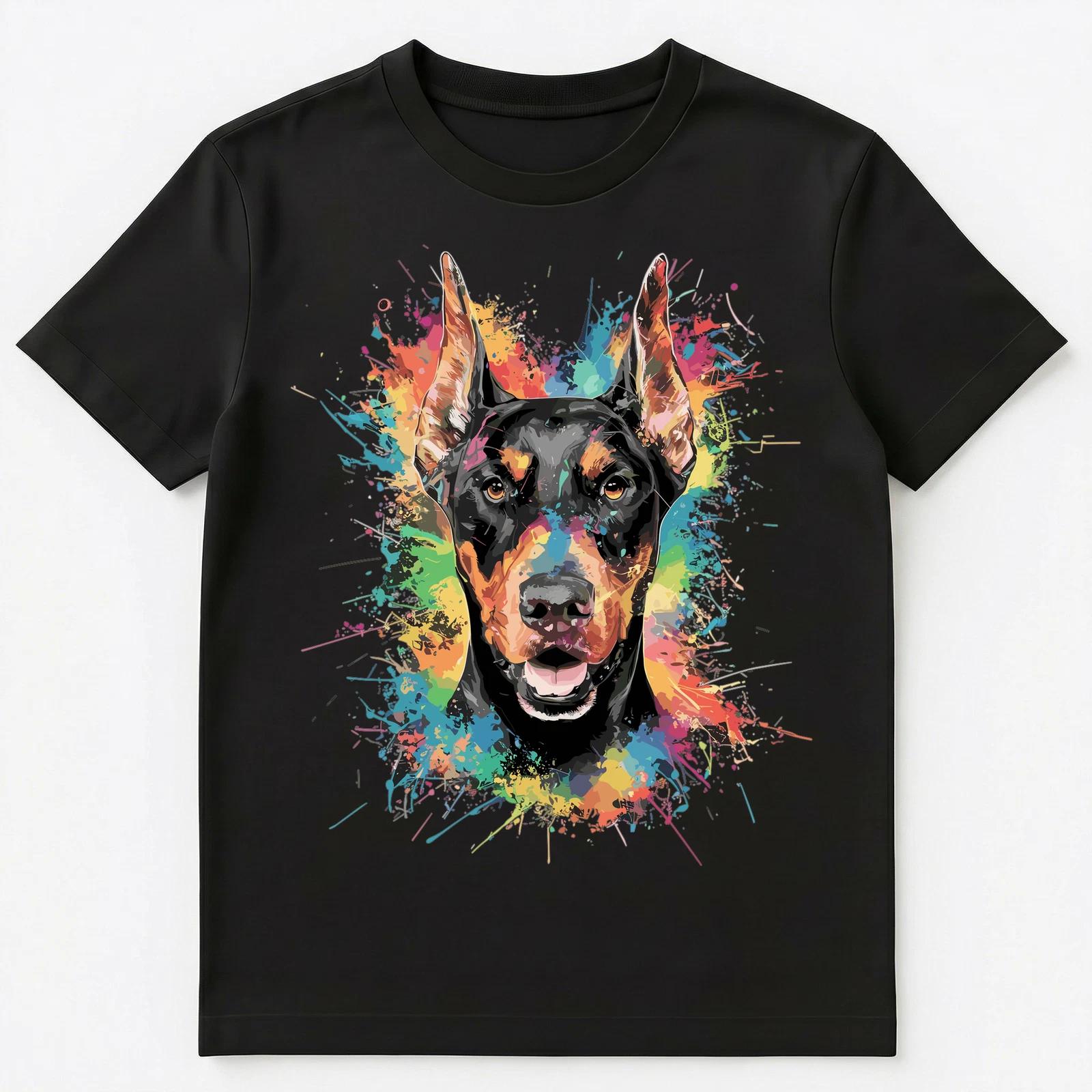 

Colorful Paint Splash Cute Doberman Art Graphic Unisex T-Shirt L