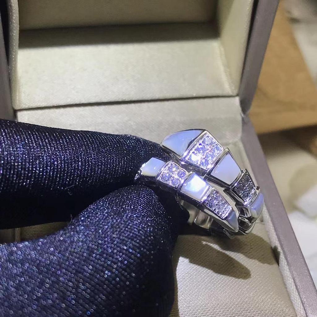 High Version 925 Sterling Silver Two-Row Diamond & Mother-of-Pearl Snake Ring