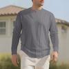 Men Shirt Round Neck Long Sleeve Loose Fit Shirt Pure Color Pleated Casual