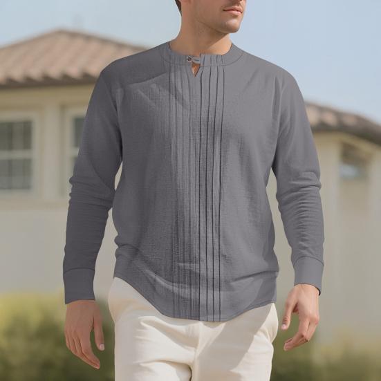 Men Shirt Round Neck Long Sleeve Loose Fit Shirt Pure Color Pleated Casual