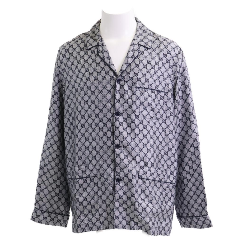 GUCCI [/Domestic Regular] 794903 GG Print Silk Long Sleeve Pajama Shirt/ tops Navy / grayUsed